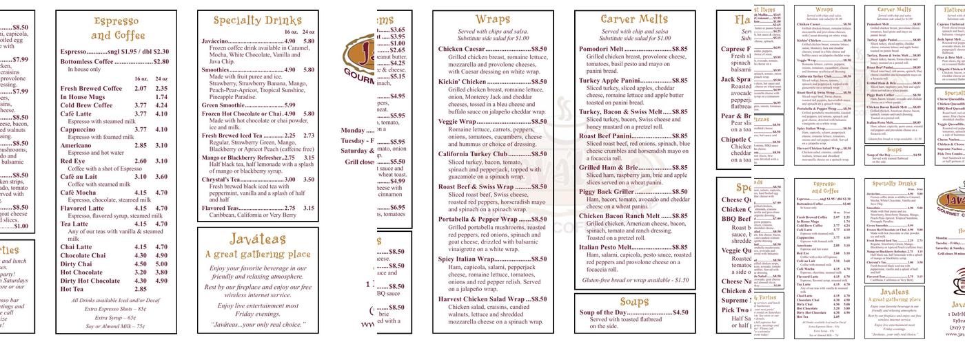 Javateas Gourmet Coffee Cafe Menu