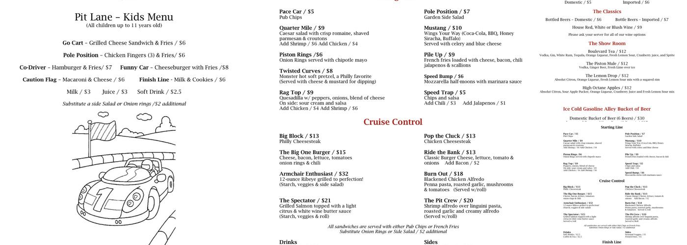 Gasoline Alley Bar & Grille Menu