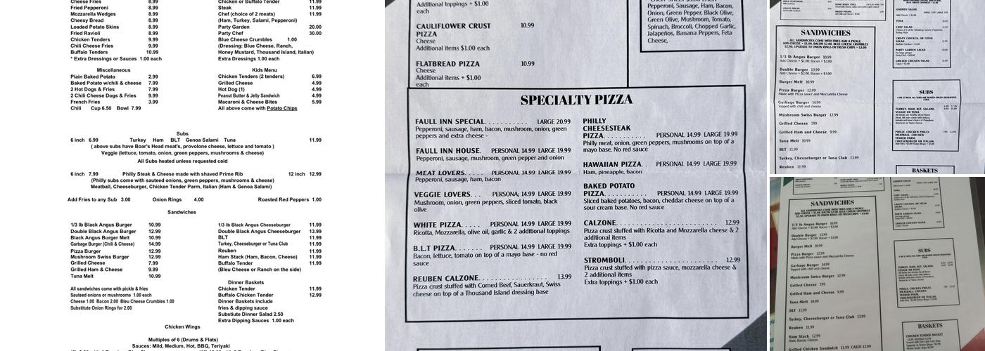 The New Faull Inn Menu