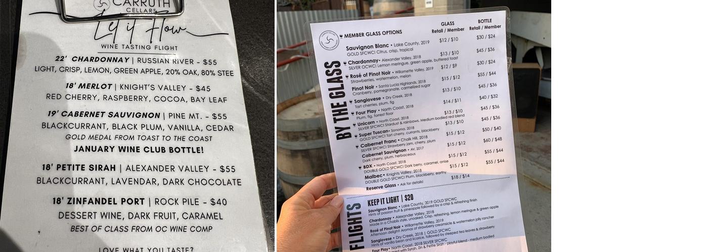 Carruth Cellars Urban Winery & Tasting Room Menu