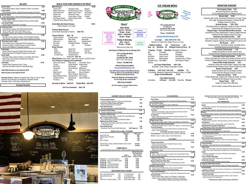 Jarrettsville Creamery and Deli Menu
