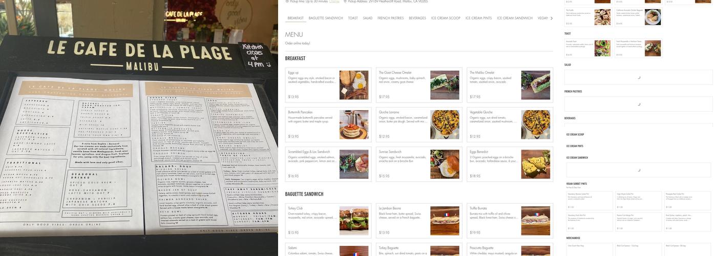 Le cafe de la plage Malibu Menu