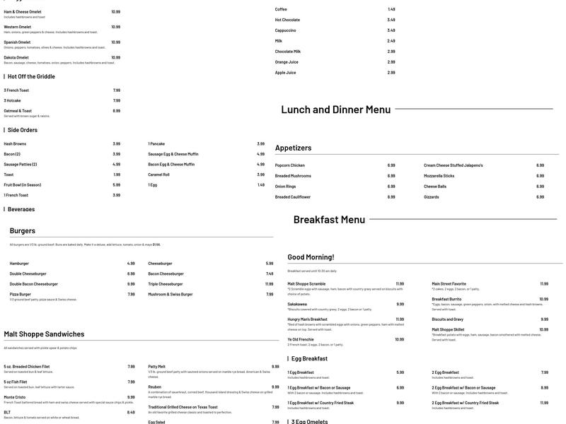 Ye Olde Malt Shoppe Menu