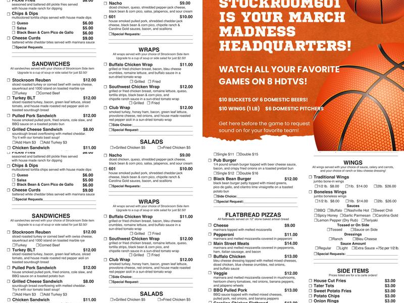 stockroom 601 Menu