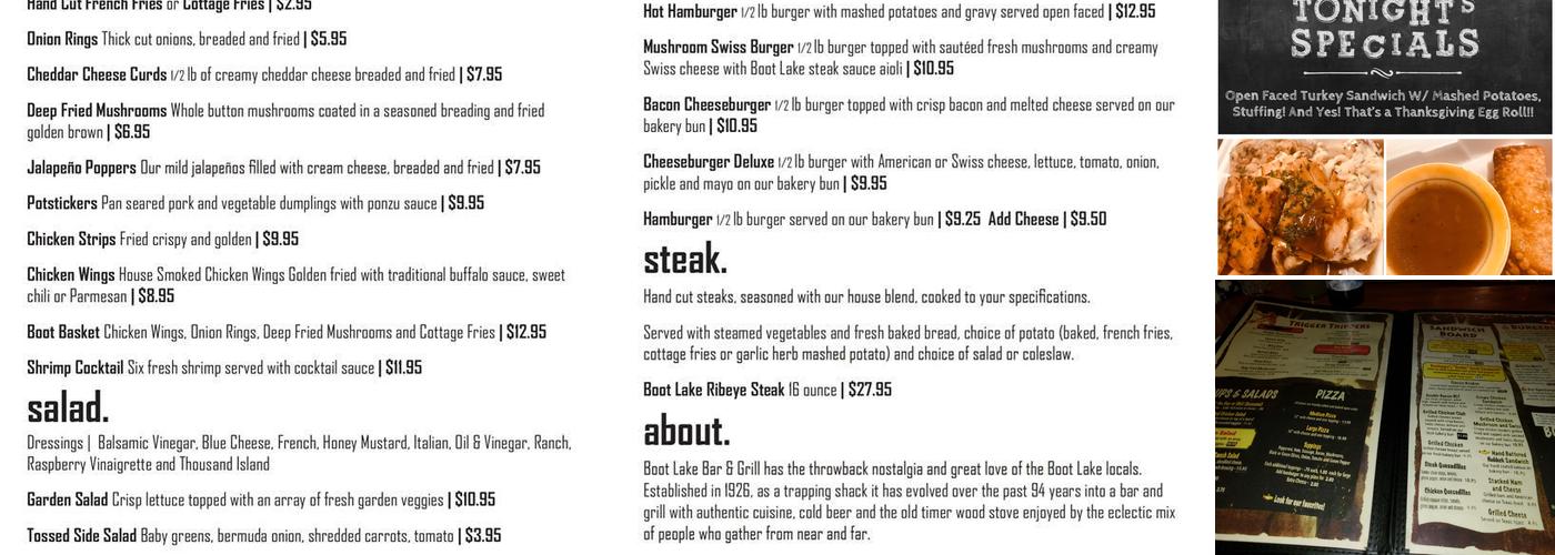 Boot Lake Bar & Grill Menu