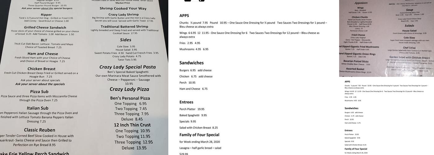 The Crazy Lady Saloon Menu