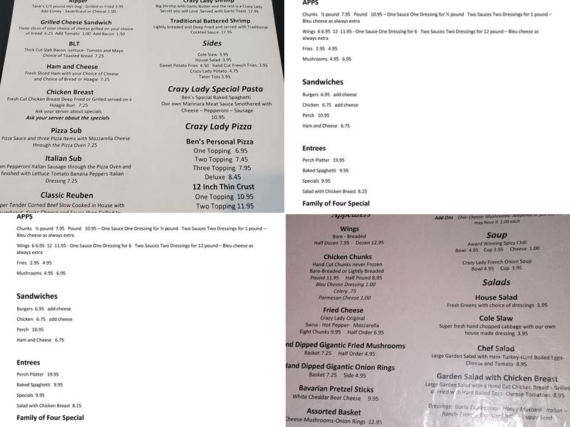 The Crazy Lady Saloon Menu