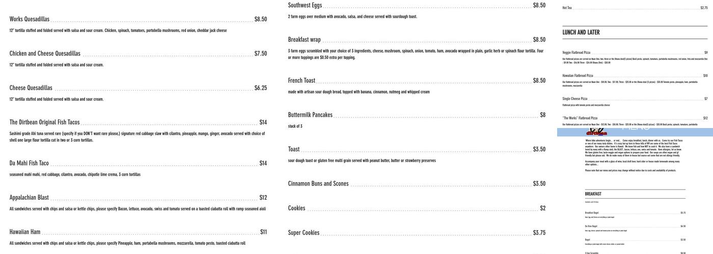 Dirtbean Menu