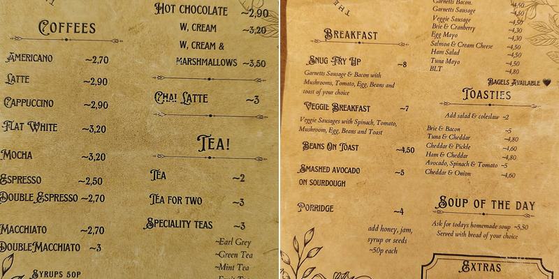 Snug Cafe Menu
