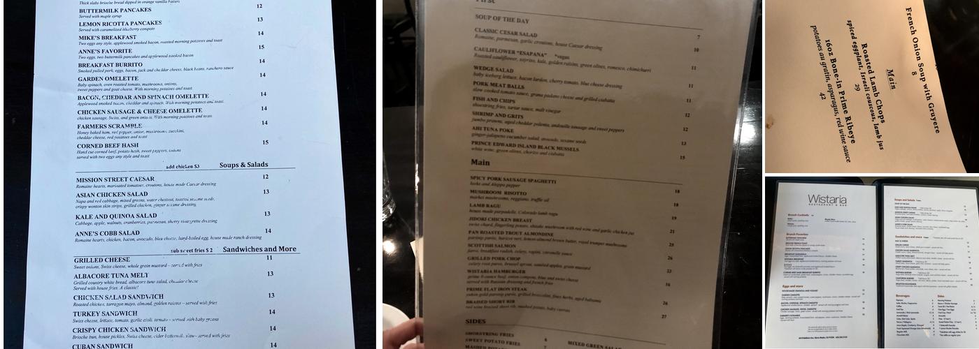 Wistaria Restaurant and Bar Menu