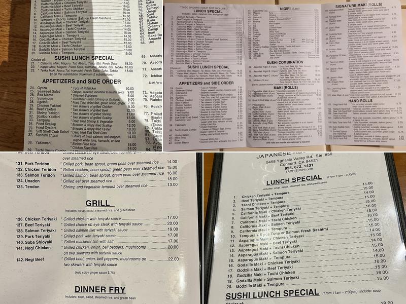 Tachi Sushi Bar Menu