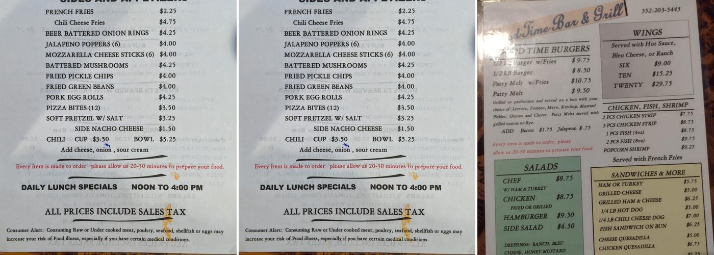 GOOD TIME BAR & GRILL Menu