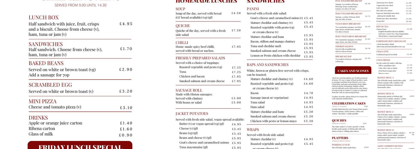 St Andrew's Cafe Menu