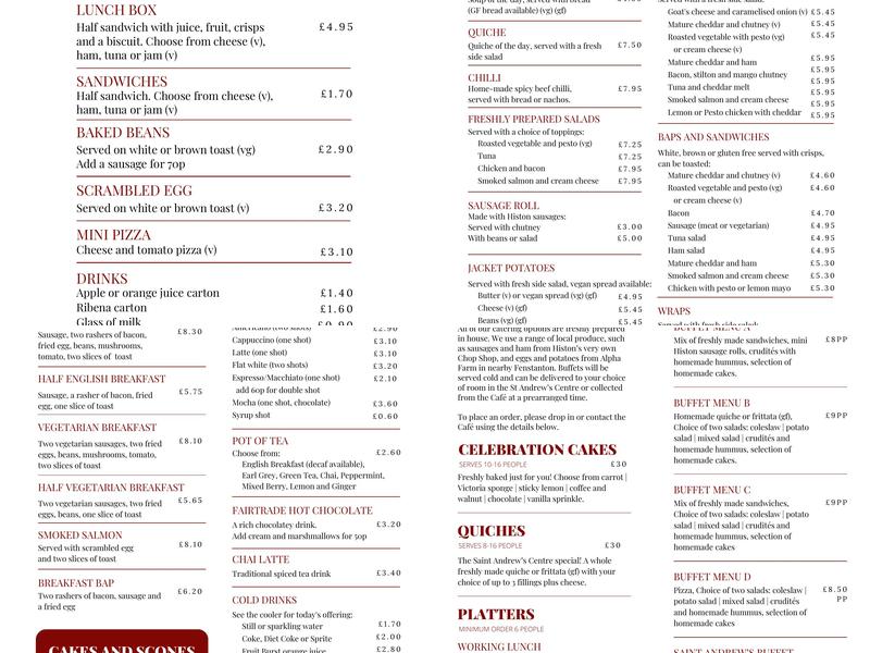 St Andrew's Cafe Menu