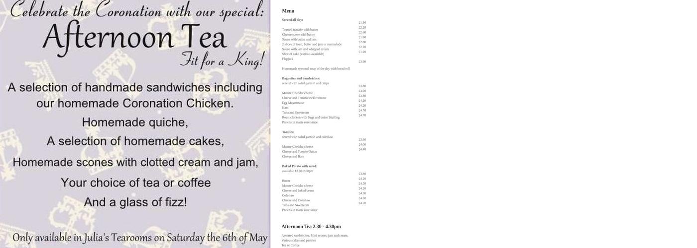 Julia's Tea Rooms Menu