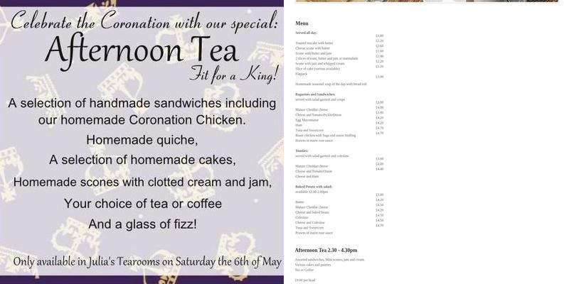 Julia's Tea Rooms Menu
