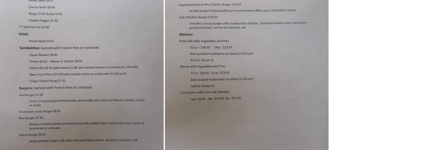 Timothy's Pub Menu