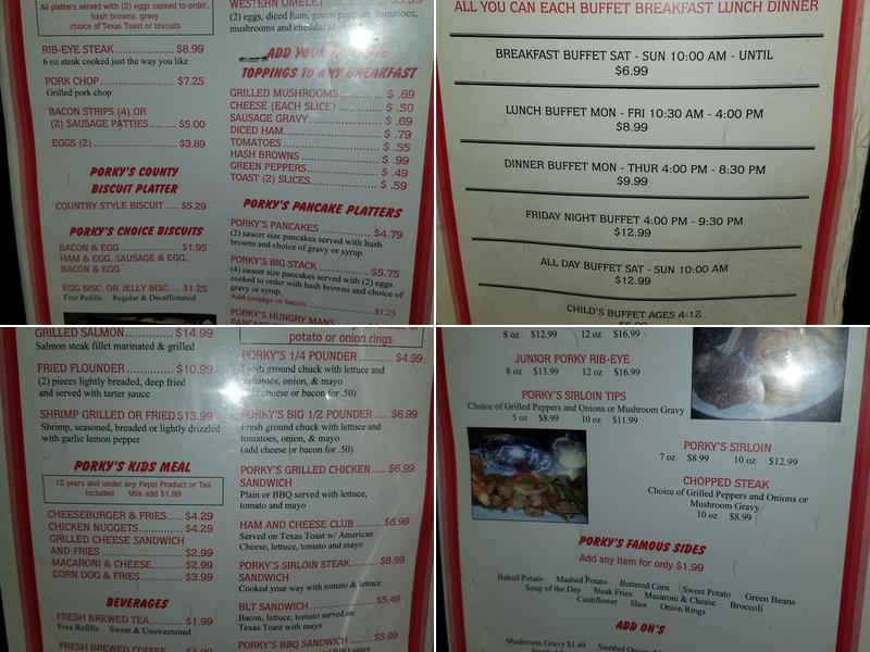 Porky's Steak And Famous Buffet Family Restaurant Menu