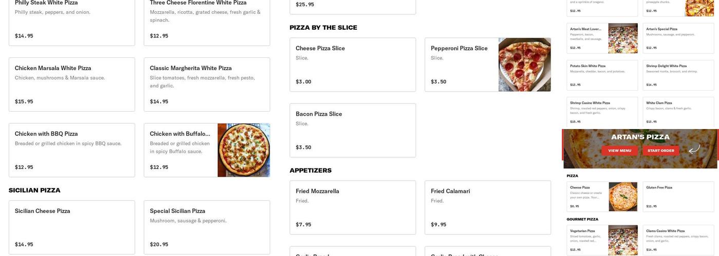 Artans Pizza Menu