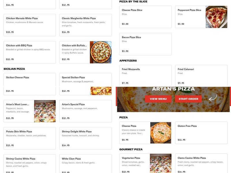 Artans Pizza Menu