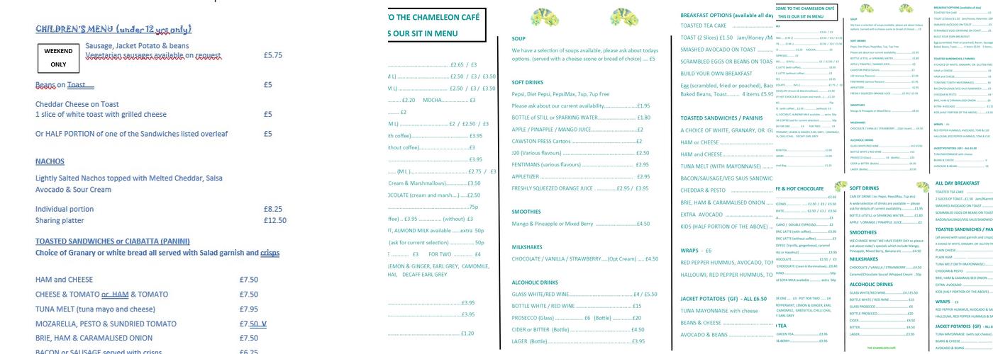 The Chameleon Cafe Menu