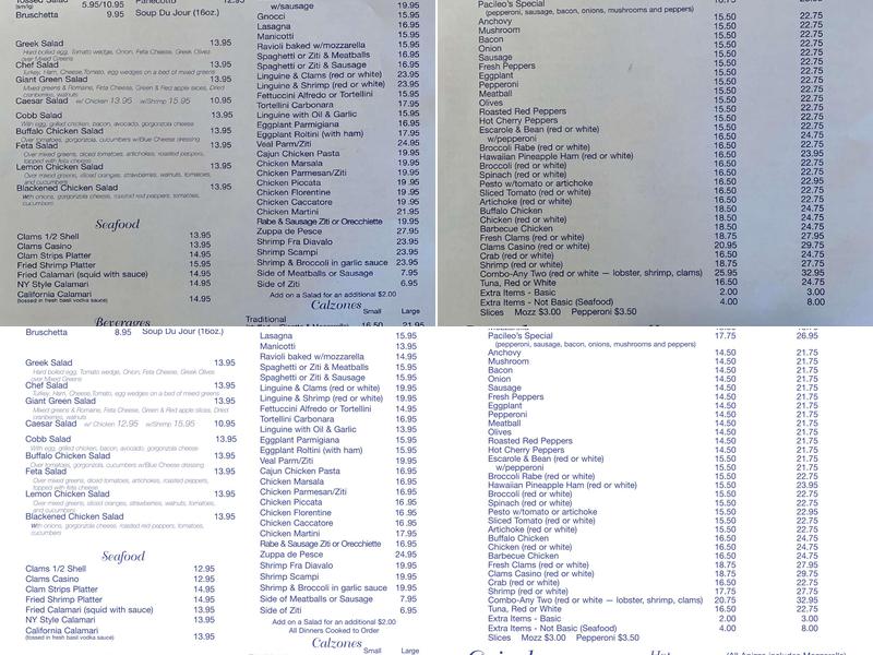 Pacileo's Apizza & Pasta Menu