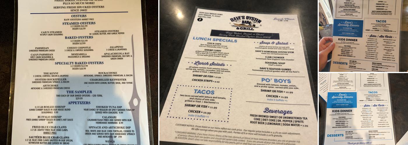 Dave's Oyster Bar and Grill Menu
