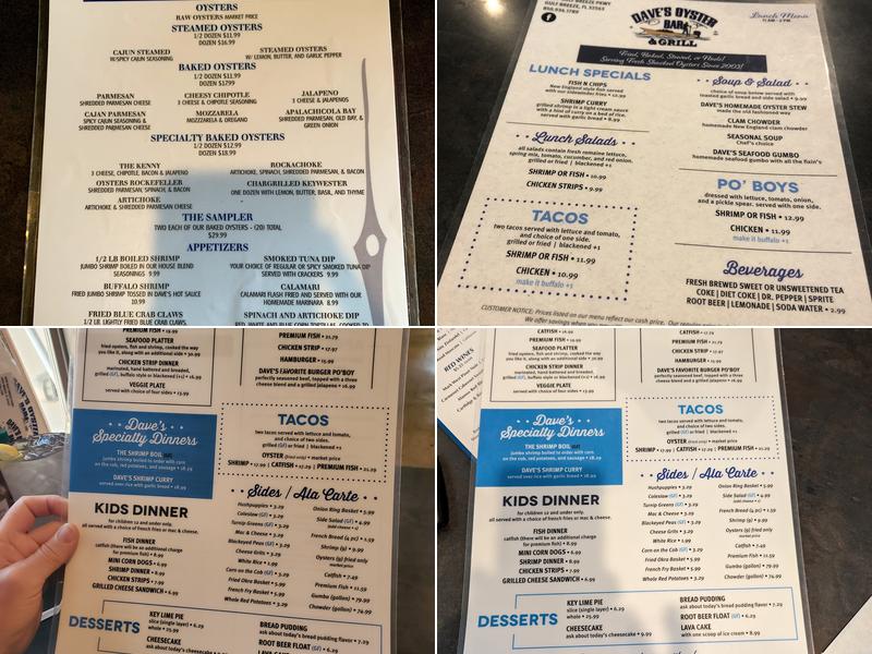 Dave's Oyster Bar and Grill Menu