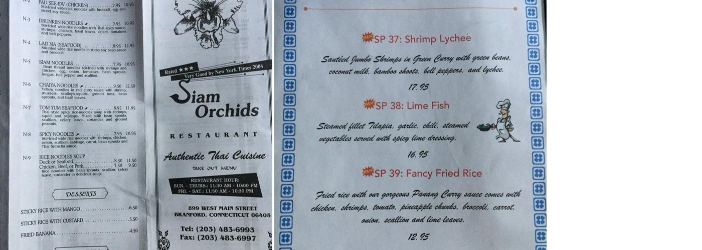 Siam Orchids Menu