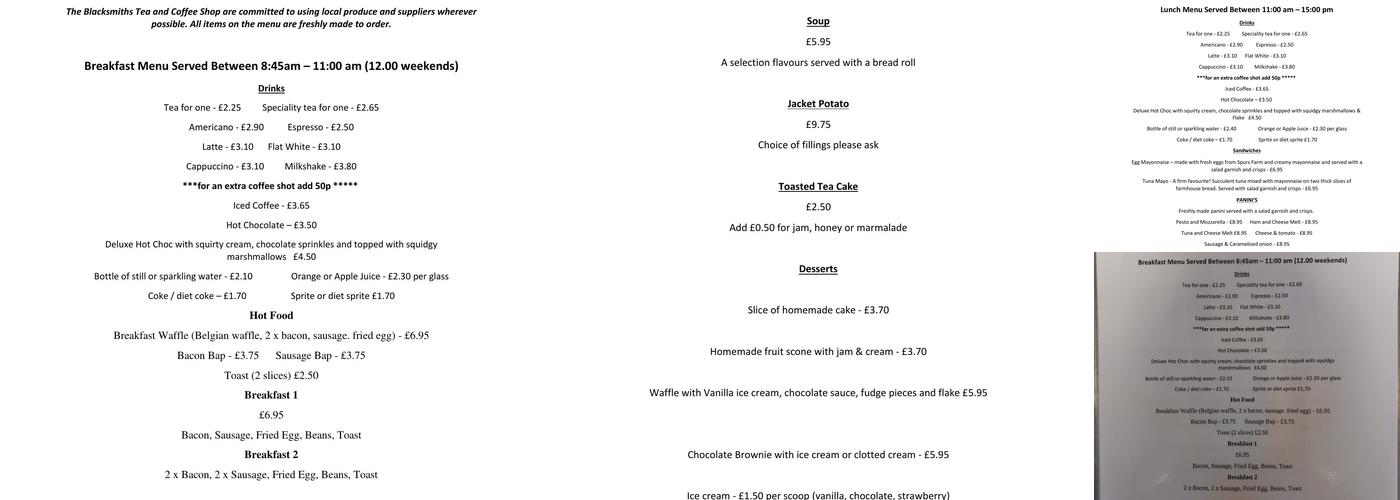 The Blacksmiths Tea and Coffee Shop Menu