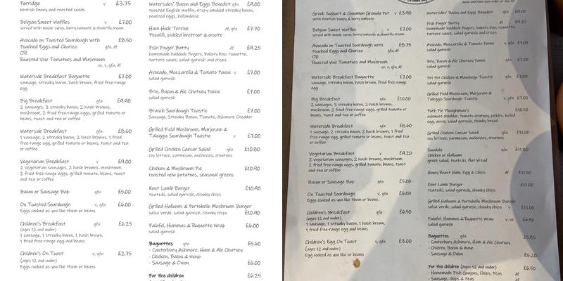 Waterside Cafe at Branbridges Menu