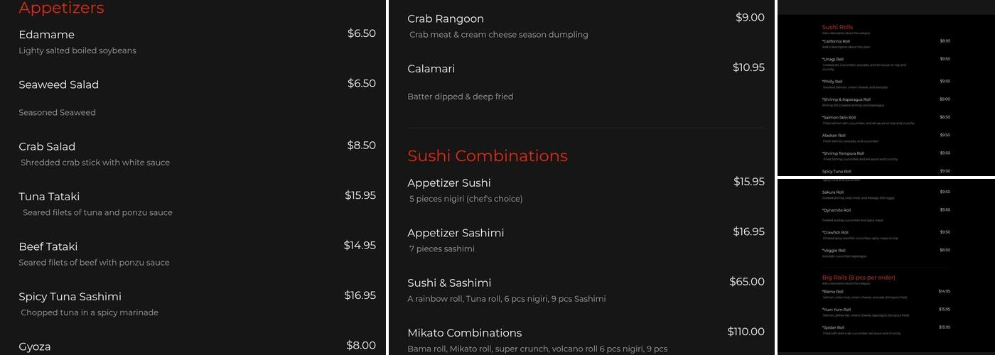 Mikato Japanese Restaurant Menu