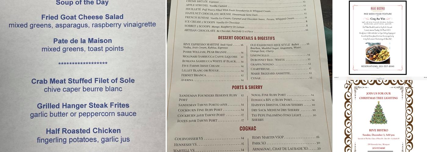Rive Bistro Menu
