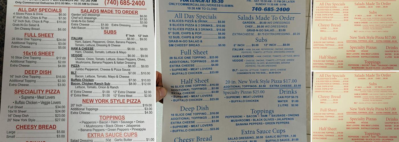 Tommy's Pizza Menu