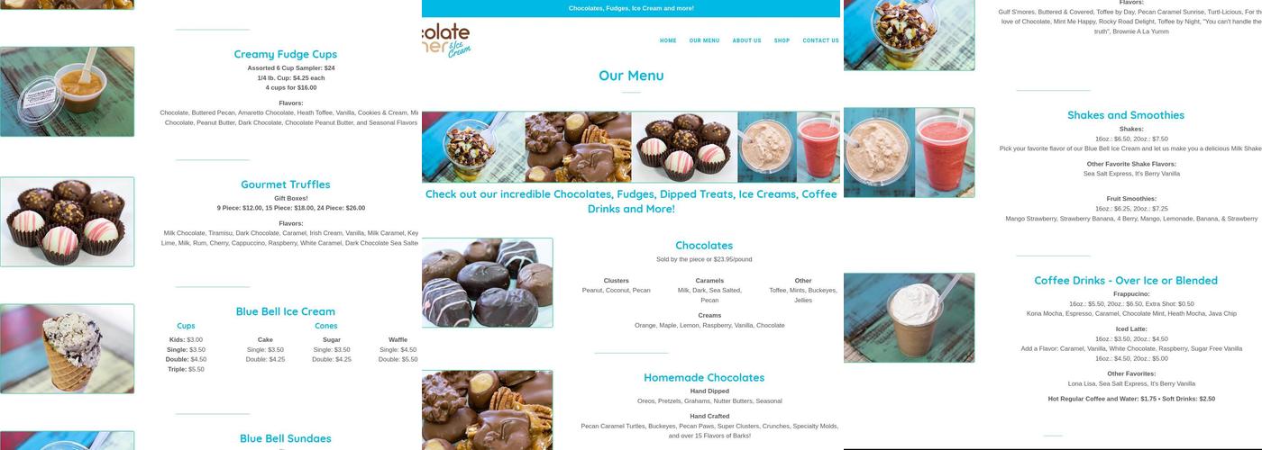 Chocolate Corner & Ice Cream Menu