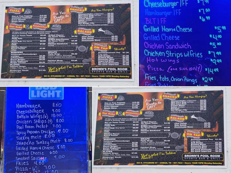 Brown's Pool Room Menu