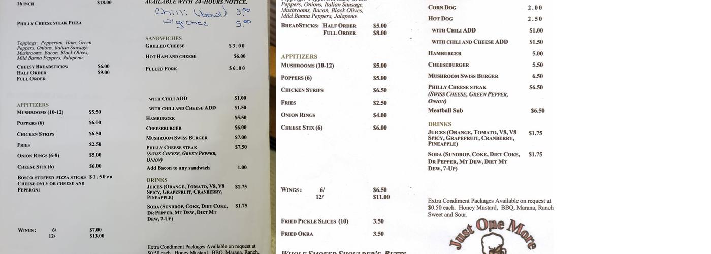 Just One More Bar And Grill Menu