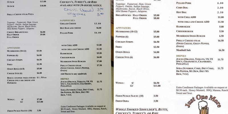 Just One More Bar And Grill Menu