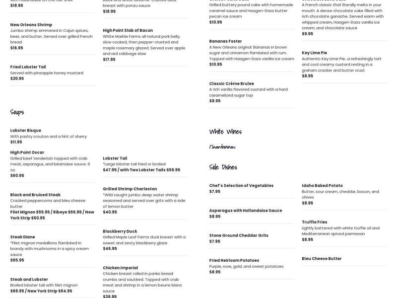 High Point Restaurant Menu