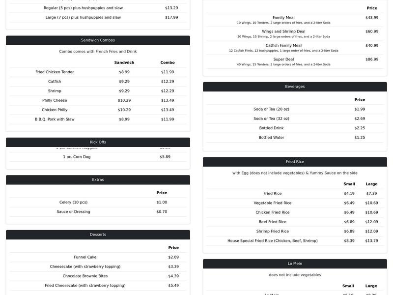 Touchdown Wings Menu