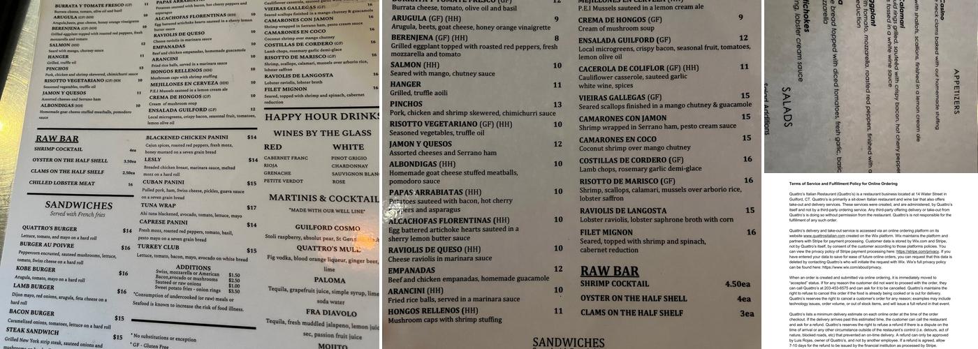 Quattro's Italian Restaurant Menu