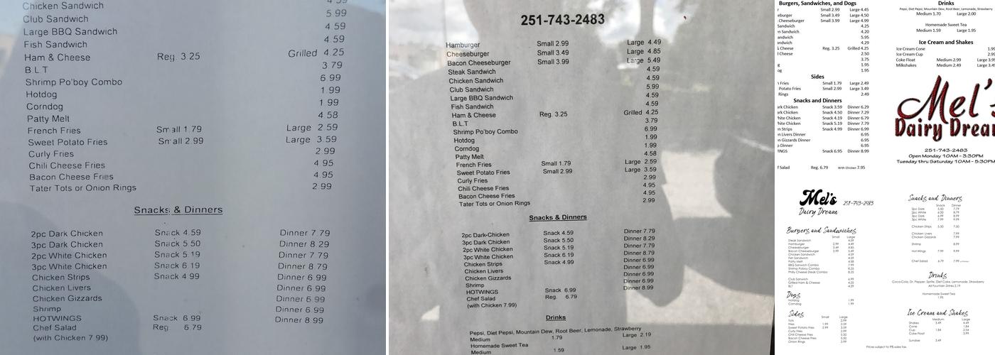 Mel's Dairy Dream Menu