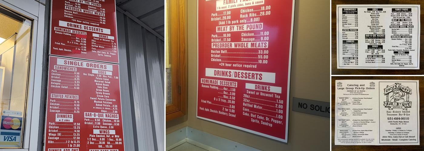 Uncle Sonny's Bar B Que Menu