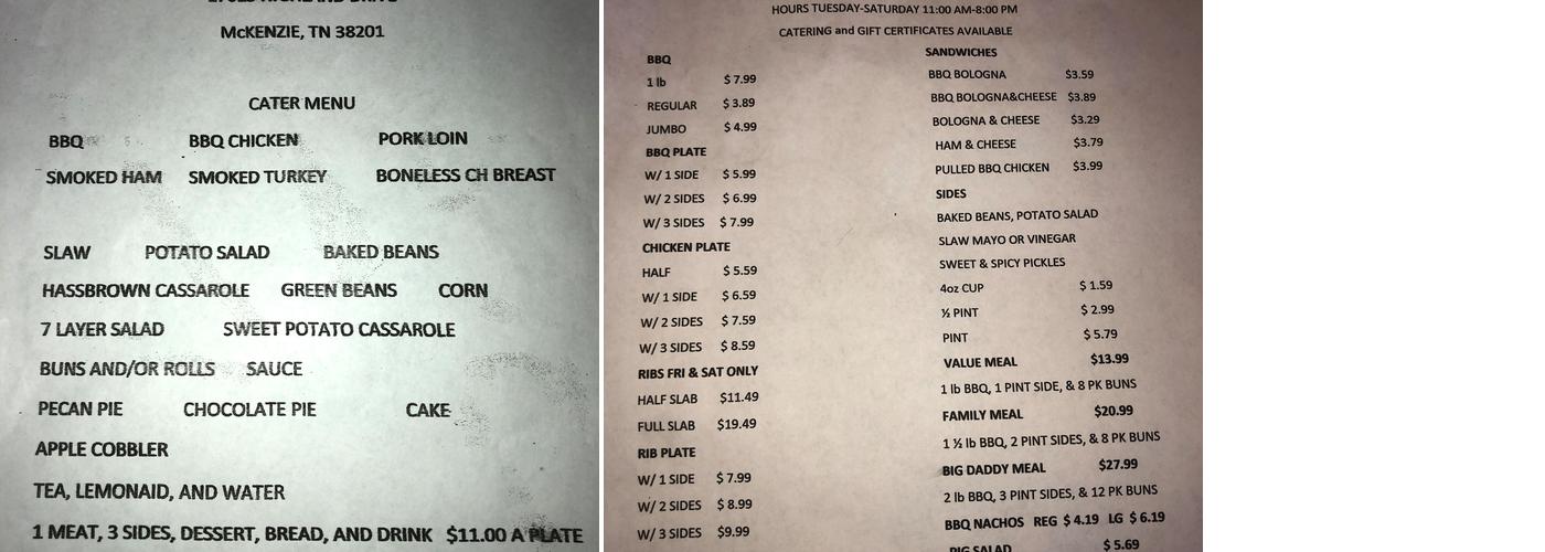 Big Daddy's Barbeque Menu