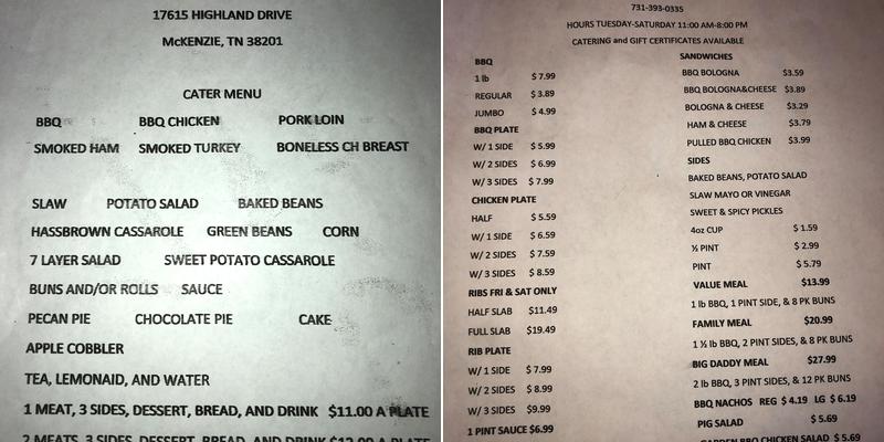 Big Daddy's Barbeque Menu