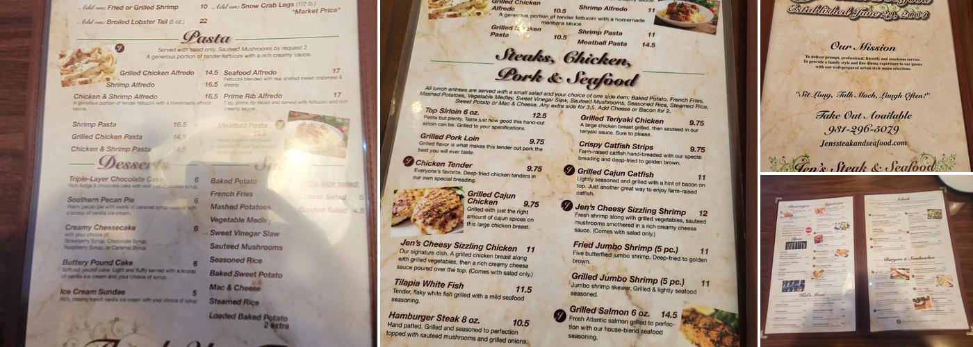 Jen's Steak and Seafood Menu