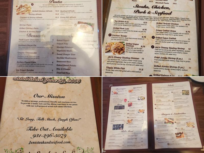 Jen's Steak and Seafood Menu