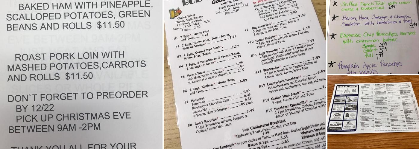 Bob's Coffee Shop Menu