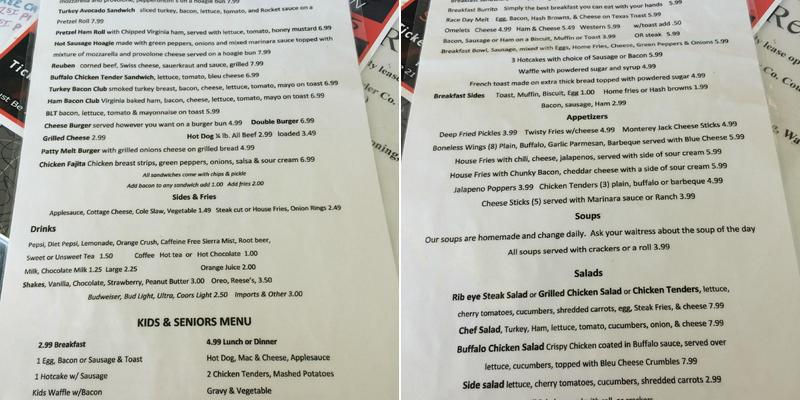 Tyler Speedway Diner Menu