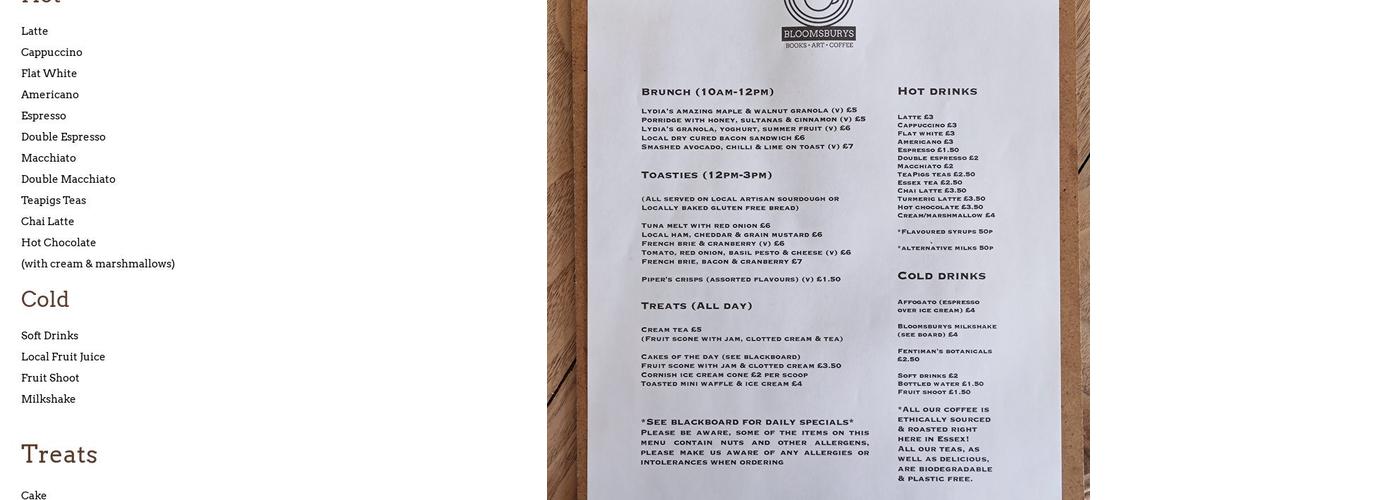 Bloomsburys Art Cafe & Bookshop Menu